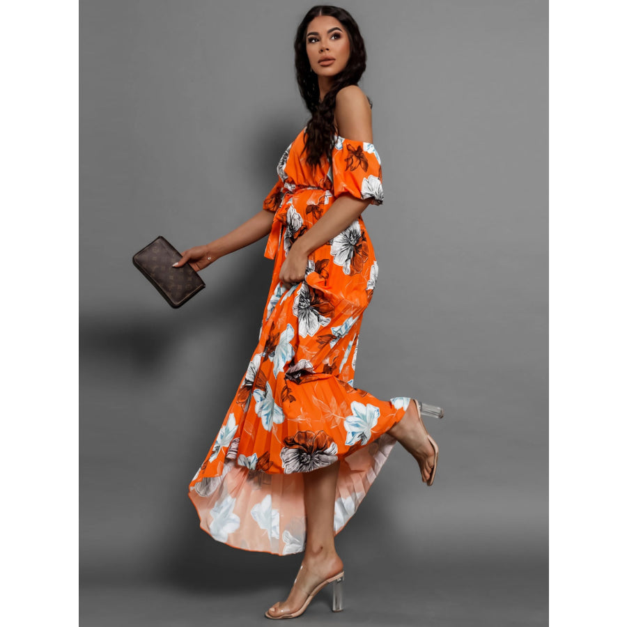 Pleated Floral Off-Shoulder Short Sleeve Midi Dress Apparel and Accessories