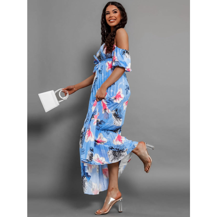 Pleated Floral Off-Shoulder Short Sleeve Midi Dress Apparel and Accessories