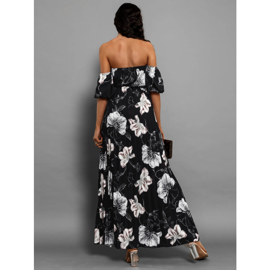 Pleated Floral Off-Shoulder Short Sleeve Midi Dress Black / S Apparel and Accessories