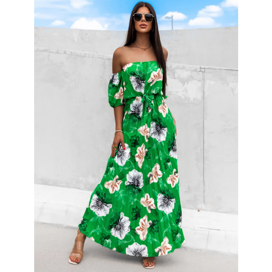 Pleated Floral Off-Shoulder Short Sleeve Midi Dress Green / S Apparel and Accessories