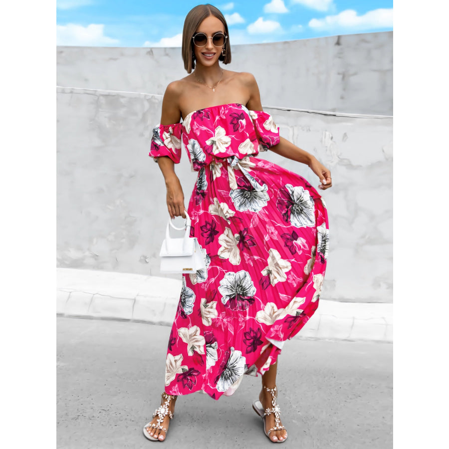 Pleated Floral Off-Shoulder Short Sleeve Midi Dress Hot Pink / S Apparel and Accessories