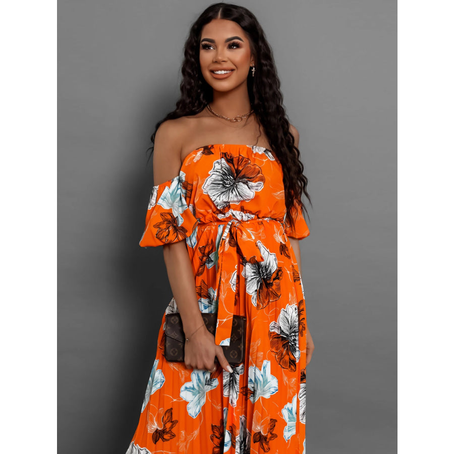 Pleated Floral Off-Shoulder Short Sleeve Midi Dress Orange / S Apparel and Accessories