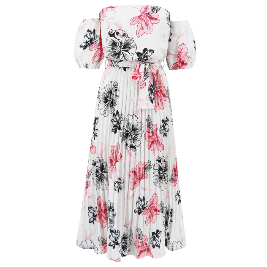 Pleated Floral Off-Shoulder Short Sleeve Midi Dress White / S Apparel and Accessories