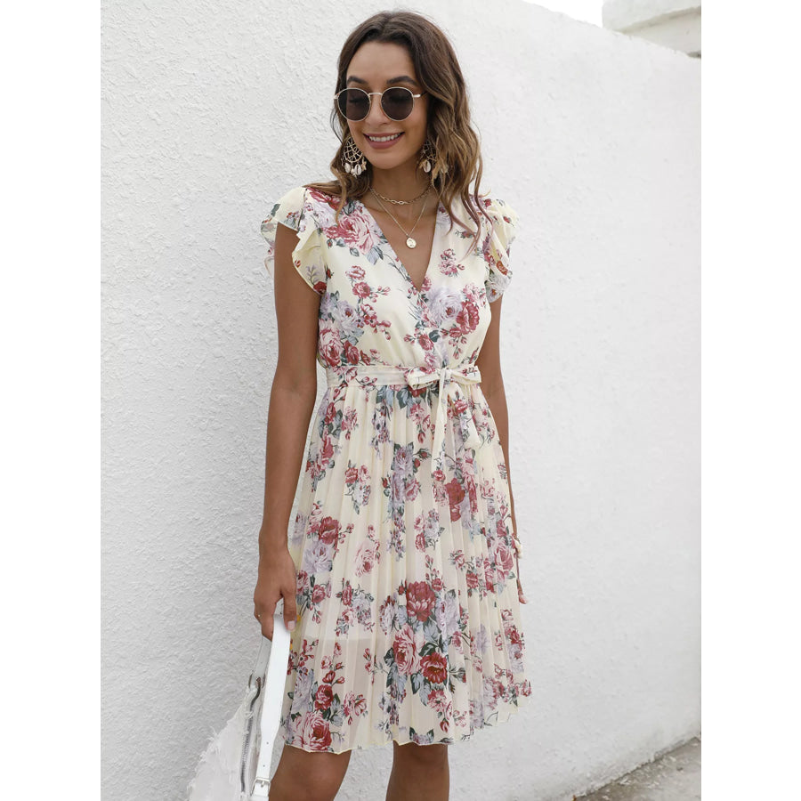 Pleated Floral Print Ruffle Sleeve Dress Apparel and Accessories