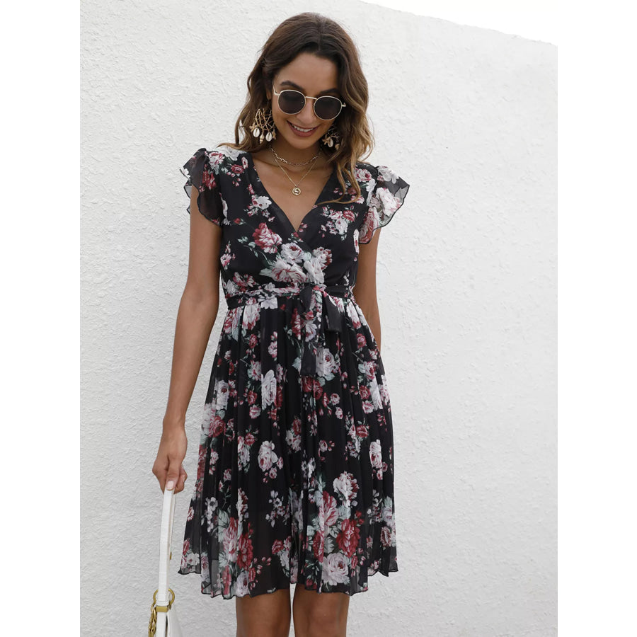 Pleated Floral Print Ruffle Sleeve Dress Apparel and Accessories