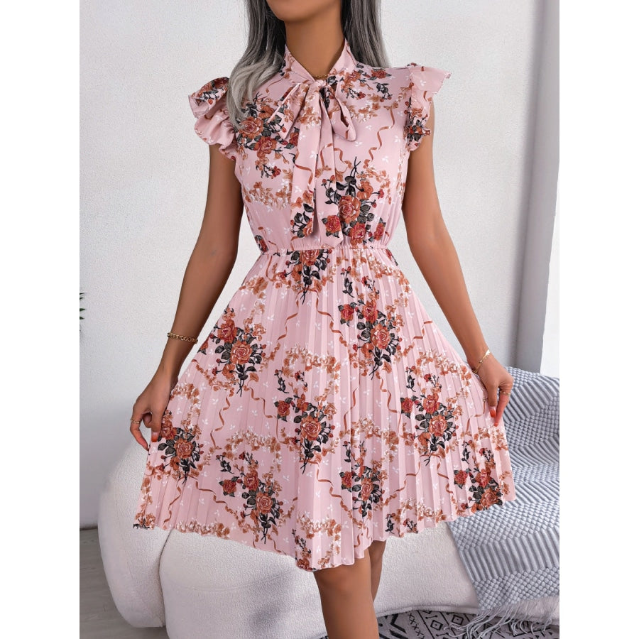 Pleated Floral Printed Tie Neck Knee Length Dress Blush Pink / S