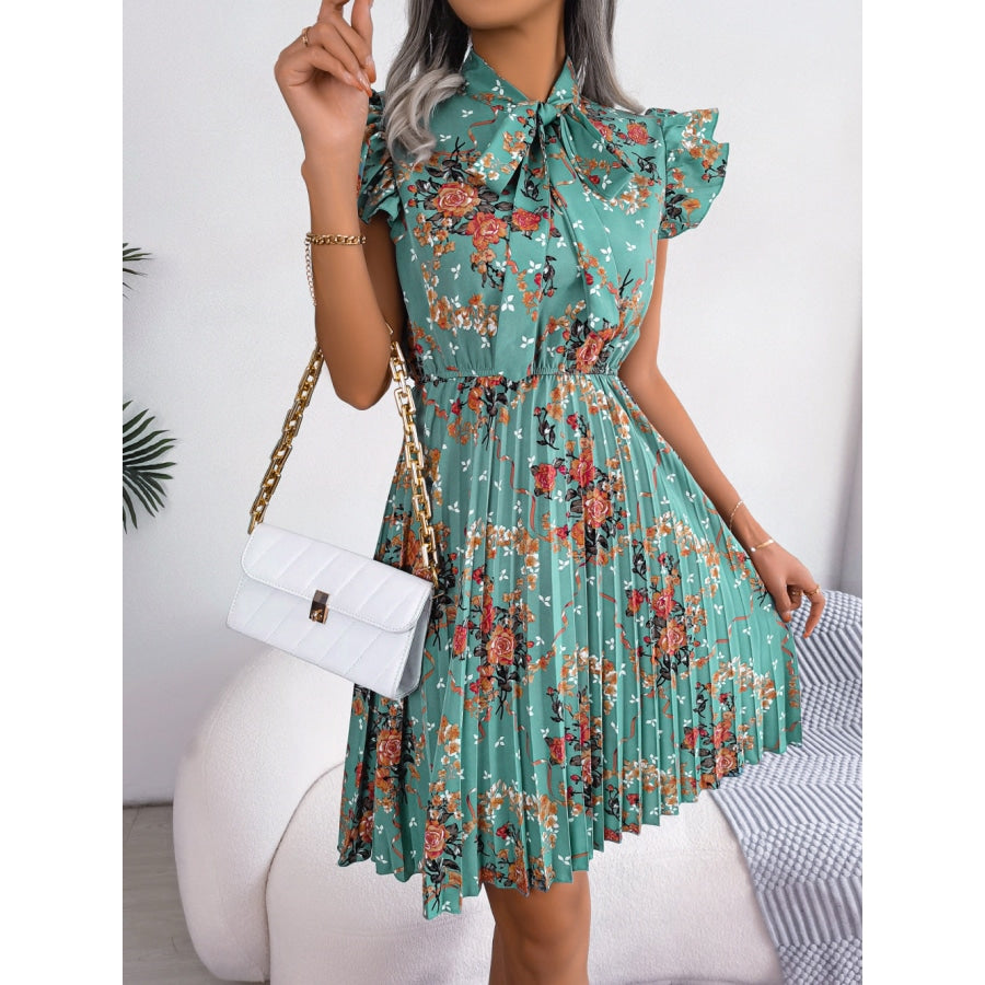 Pleated Floral Printed Tie Neck Knee Length Dress Teal / S