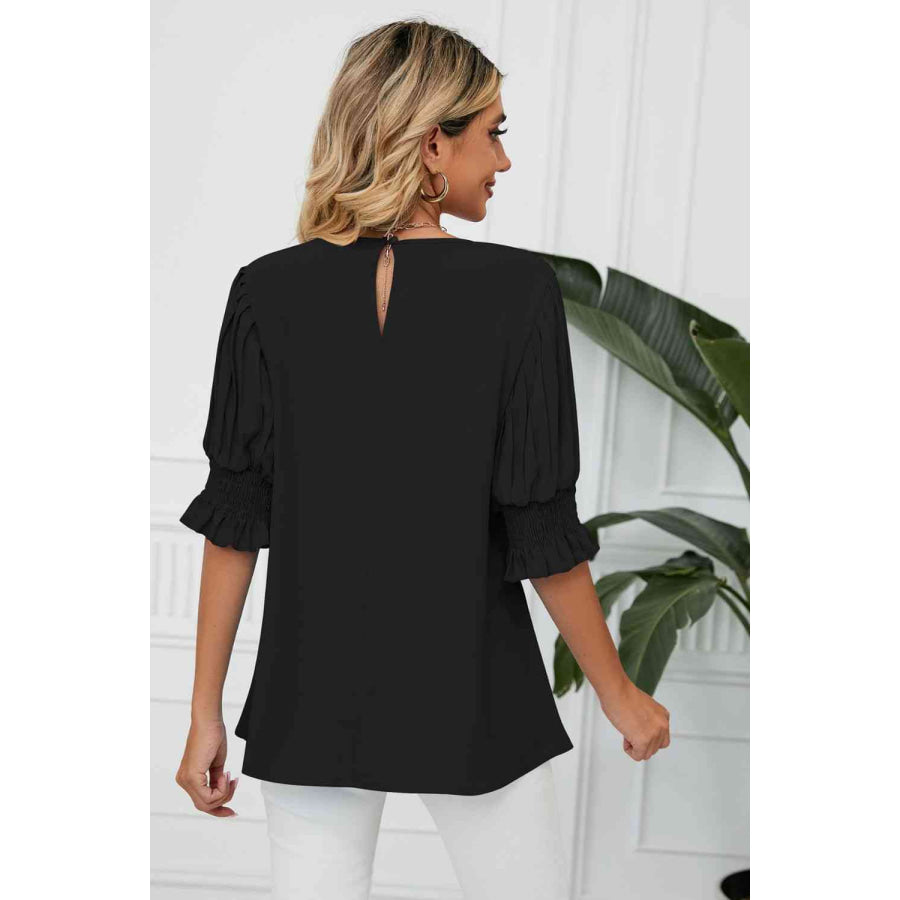 Pleated Flounce Sleeve Keyhole Blouse Apparel and Accessories