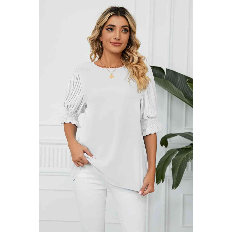 Pleated Flounce Sleeve Keyhole Blouse Apparel and Accessories