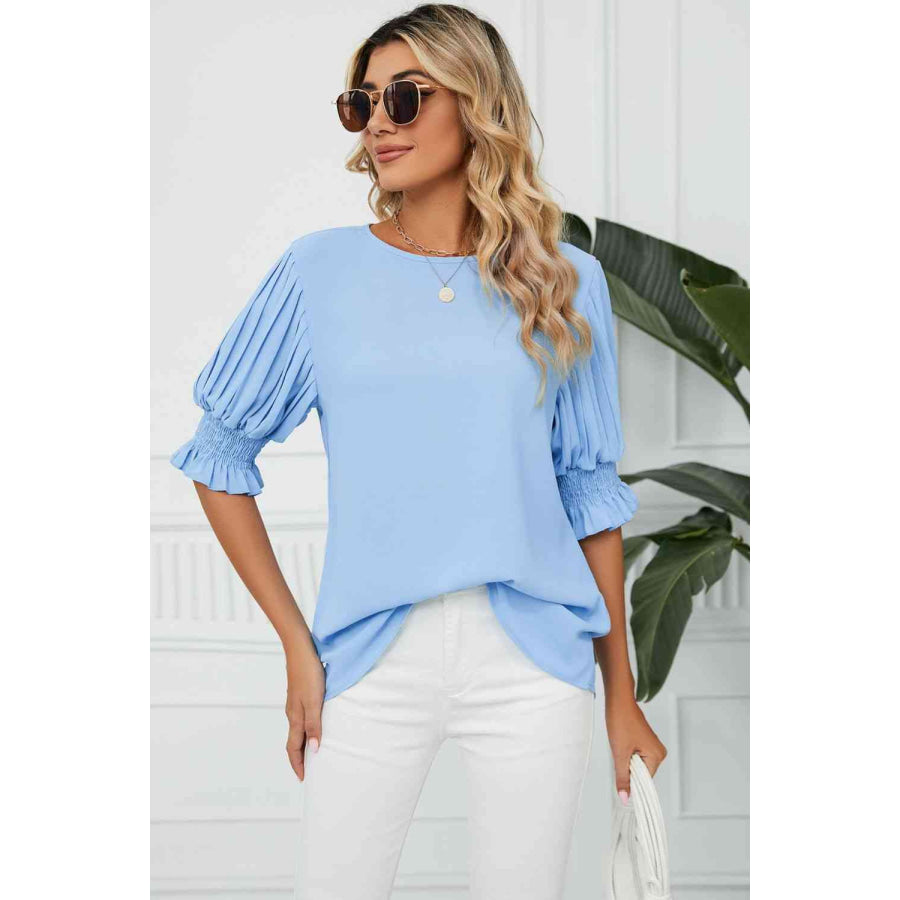 Pleated Flounce Sleeve Keyhole Blouse Apparel and Accessories