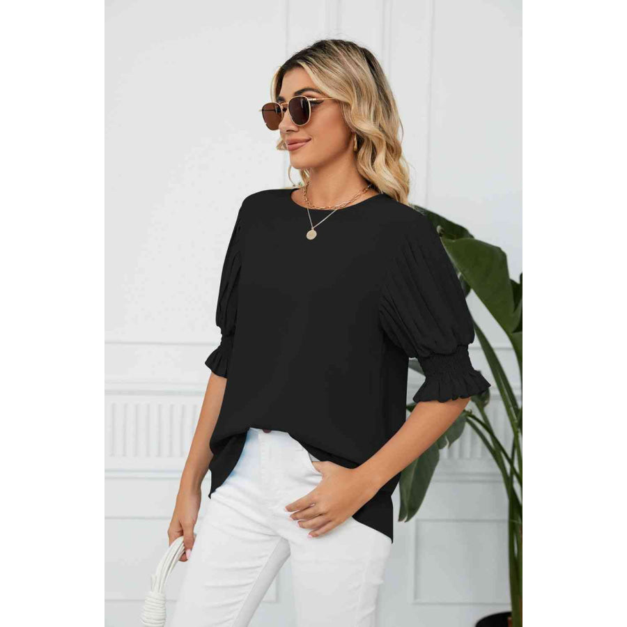 Pleated Flounce Sleeve Keyhole Blouse Apparel and Accessories