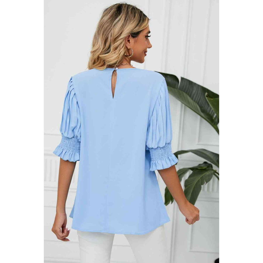 Pleated Flounce Sleeve Keyhole Blouse Apparel and Accessories