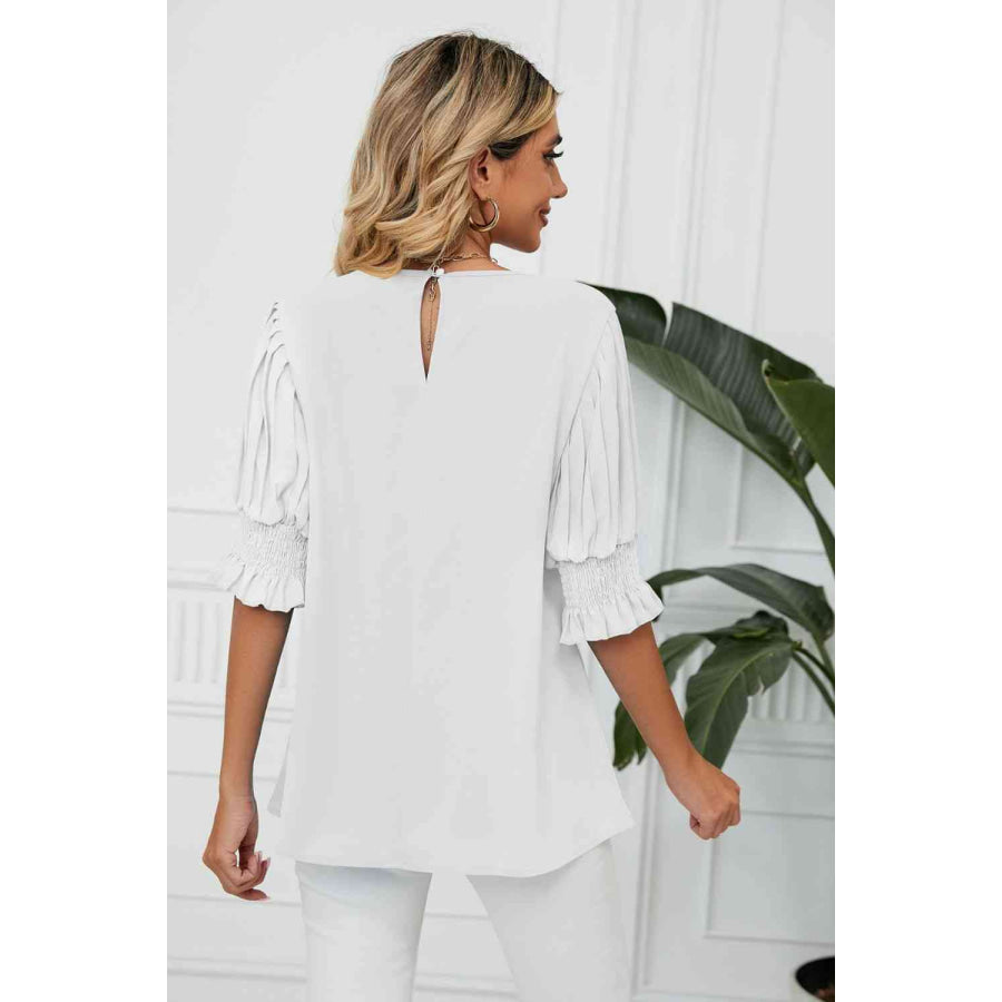 Pleated Flounce Sleeve Keyhole Blouse Apparel and Accessories