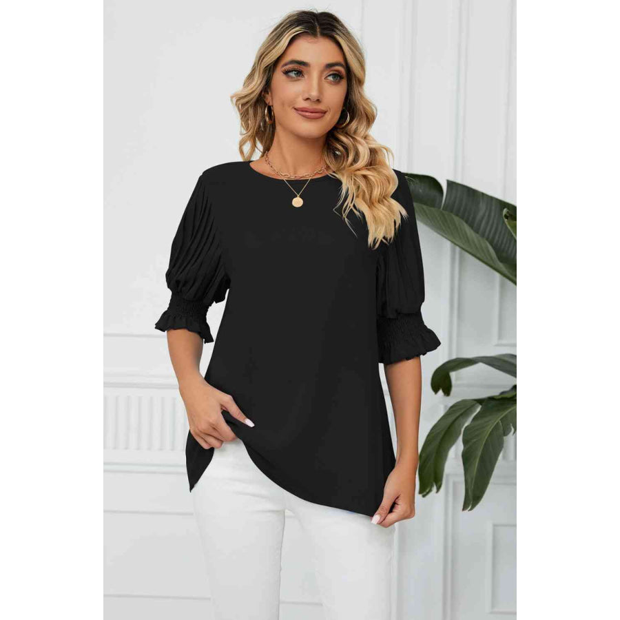 Pleated Flounce Sleeve Keyhole Blouse Black / S Apparel and Accessories