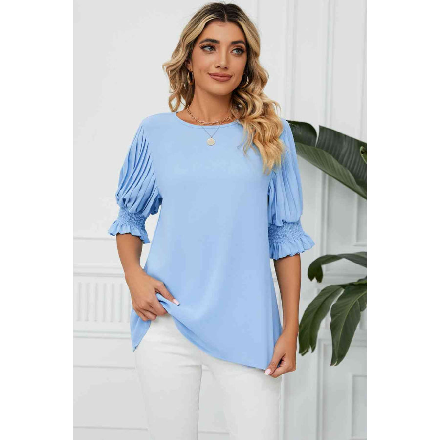 Pleated Flounce Sleeve Keyhole Blouse Blue / S Apparel and Accessories