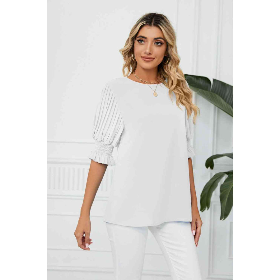 Pleated Flounce Sleeve Keyhole Blouse White / S Apparel and Accessories