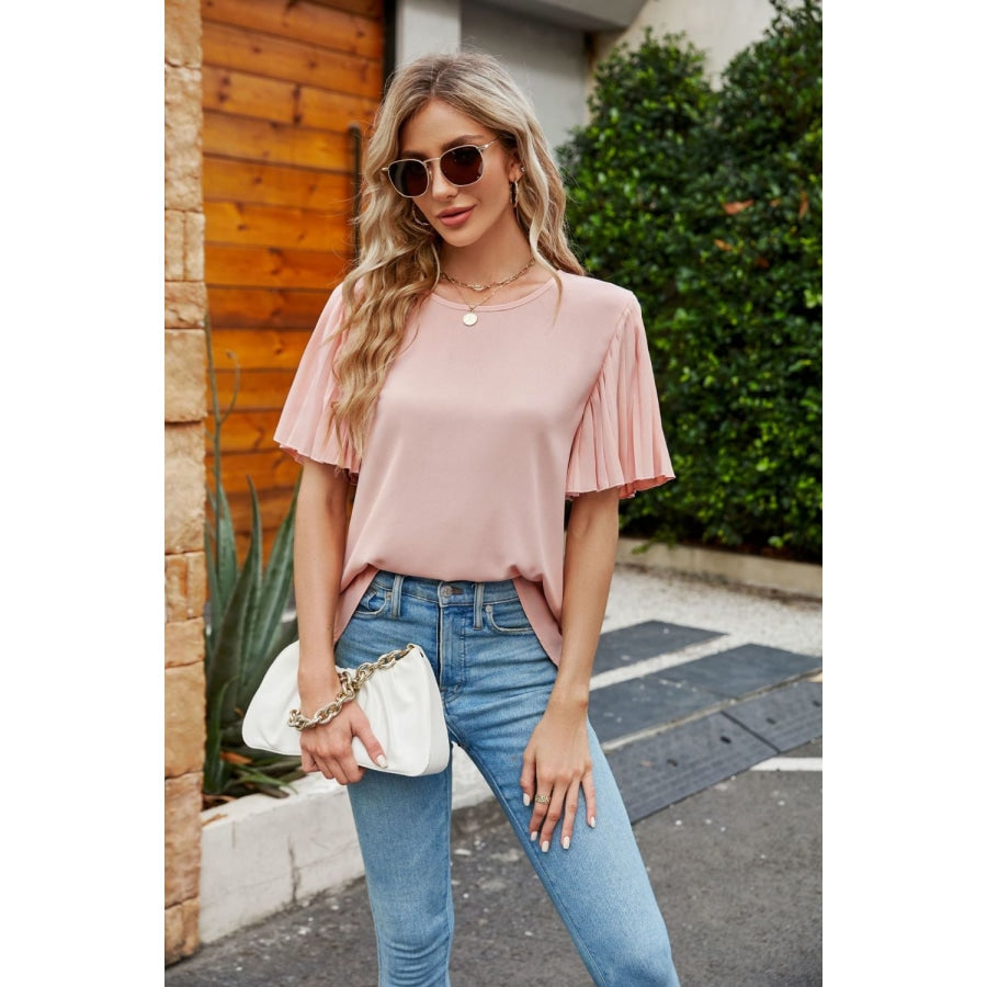 Pleated Flutter Sleeve Round Neck Blouse Blush Pink / S