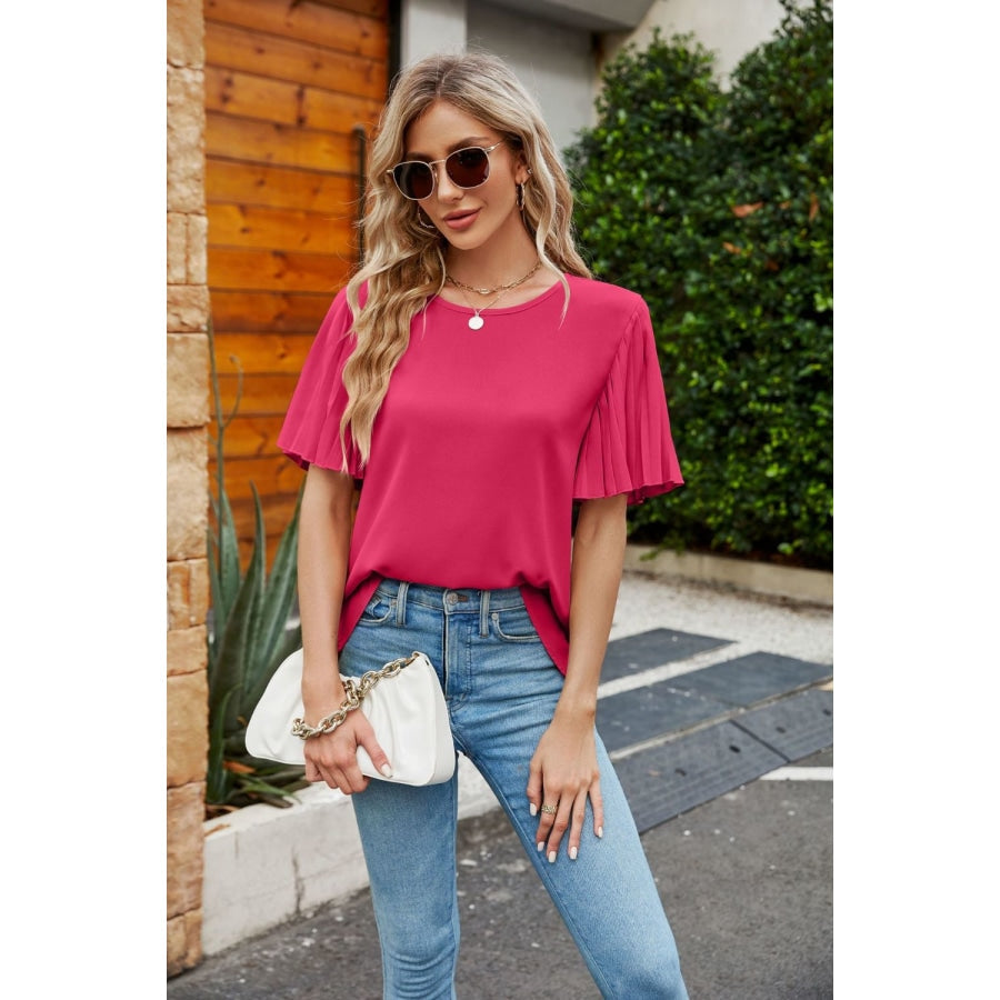 Pleated Flutter Sleeve Round Neck Blouse Deep Rose / S