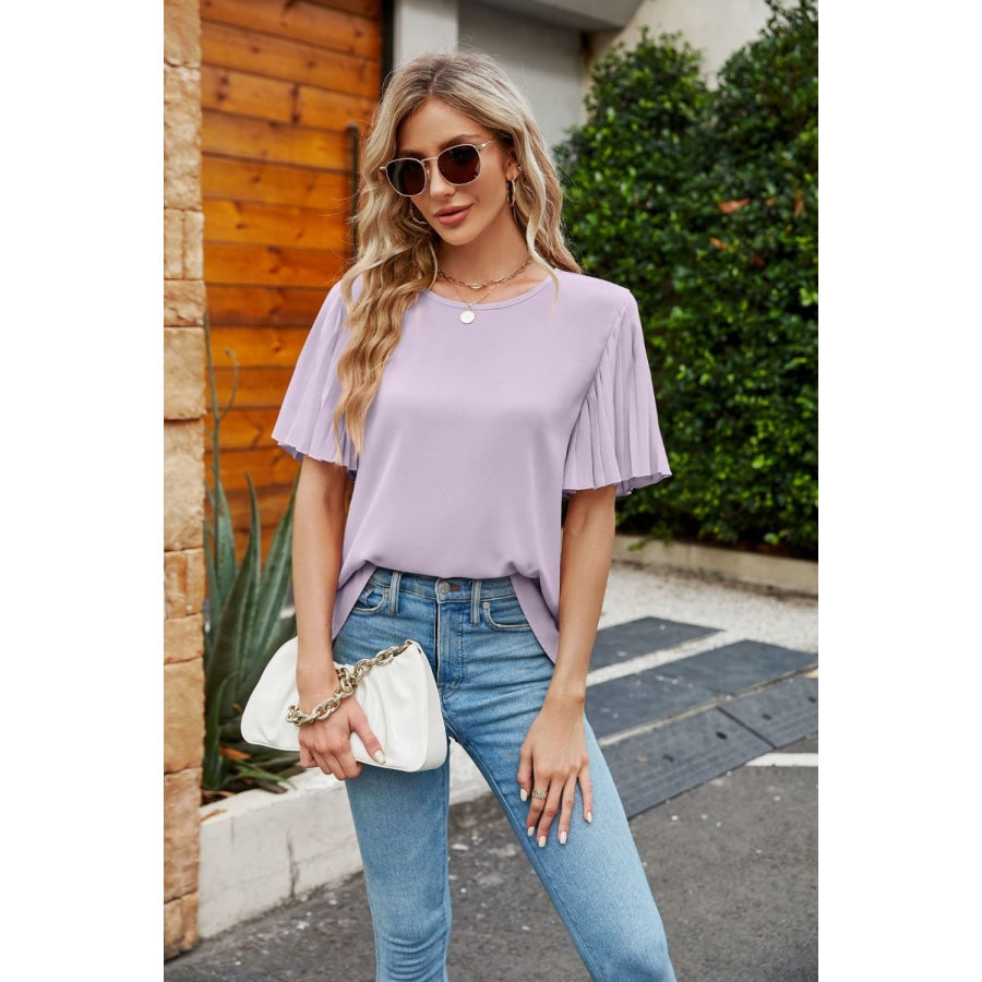 Pleated Flutter Sleeve Round Neck Blouse Lilac / S