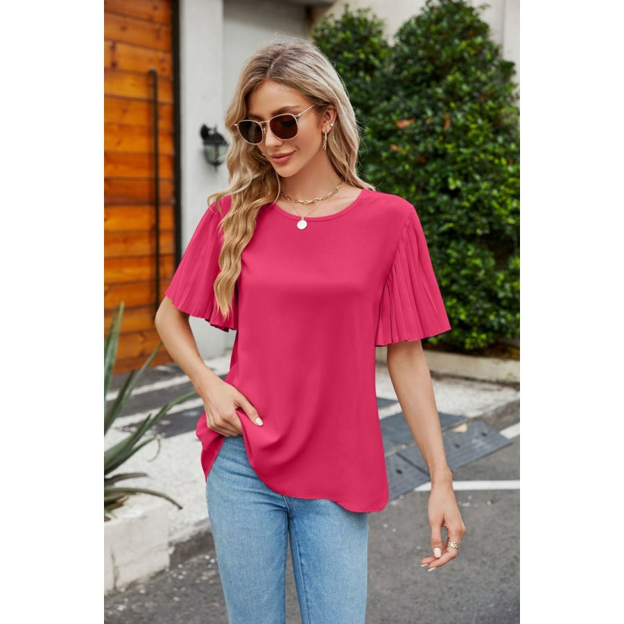 Pleated Flutter Sleeve Round Neck Blouse