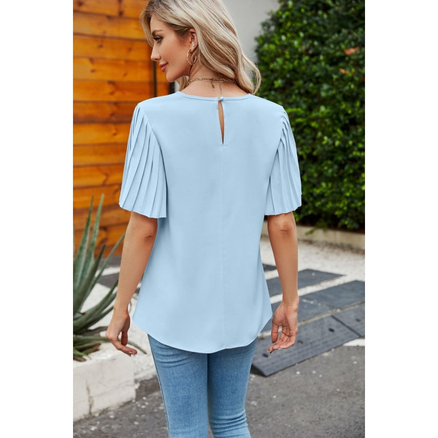 Pleated Flutter Sleeve Round Neck Blouse