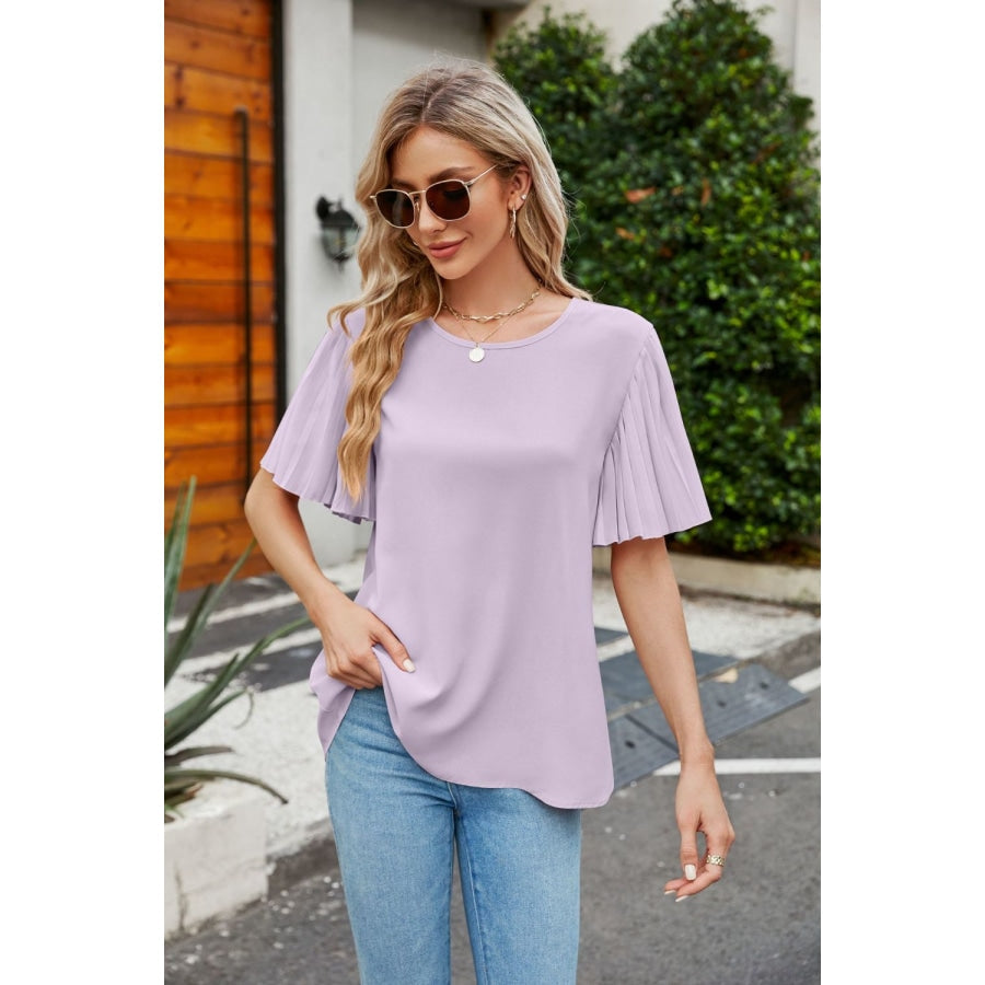 Pleated Flutter Sleeve Round Neck Blouse