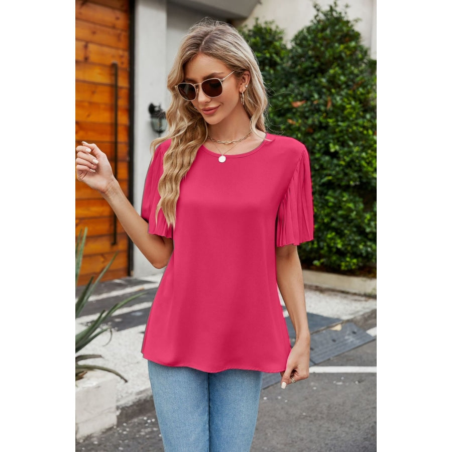 Pleated Flutter Sleeve Round Neck Blouse