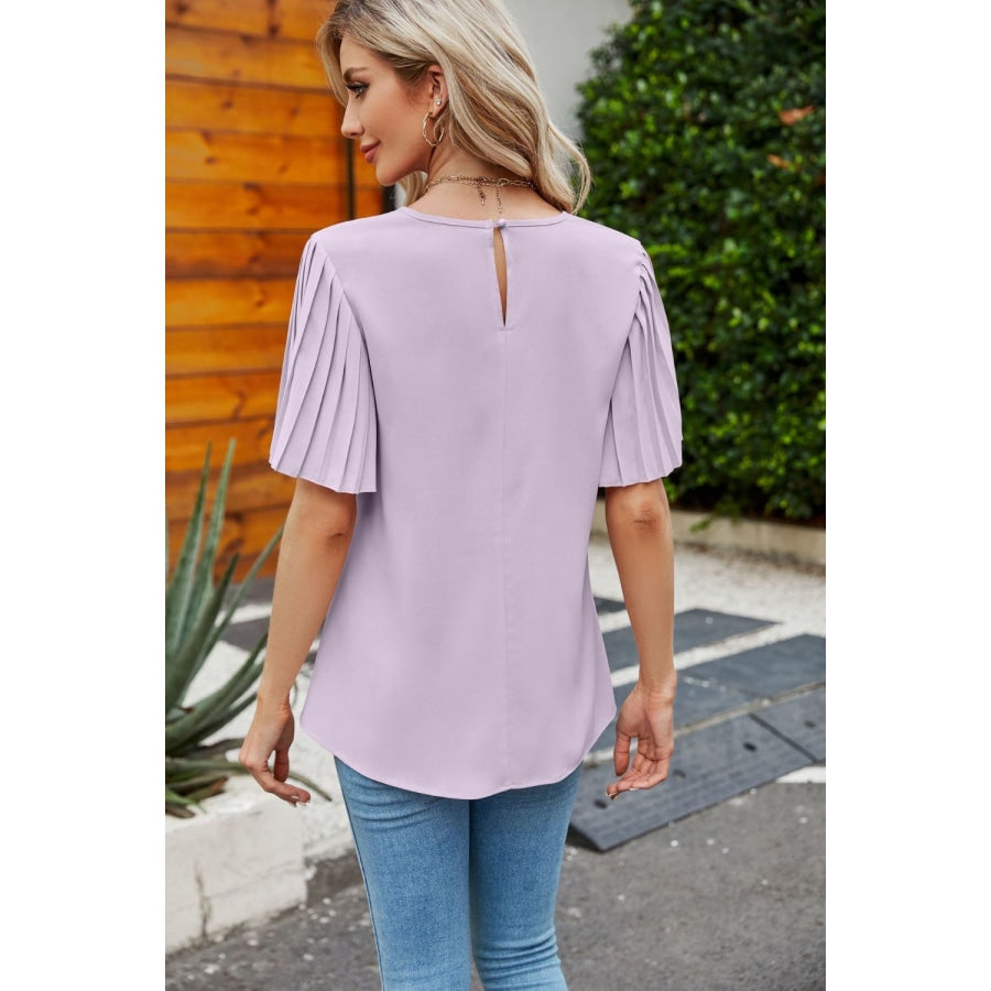 Pleated Flutter Sleeve Round Neck Blouse