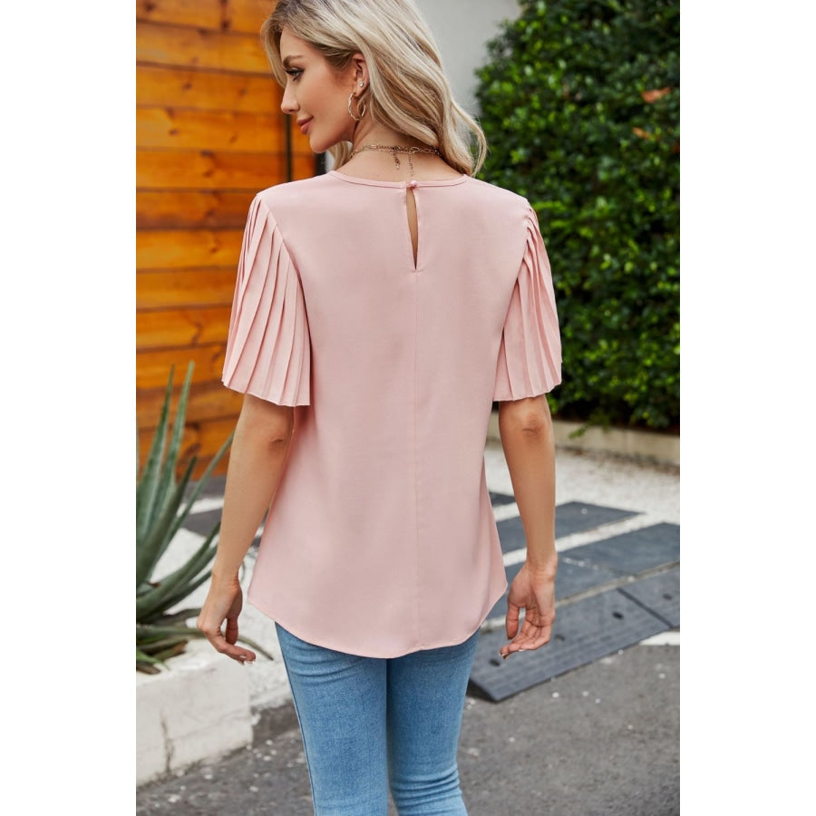 Pleated Flutter Sleeve Round Neck Blouse Blush Pink / S