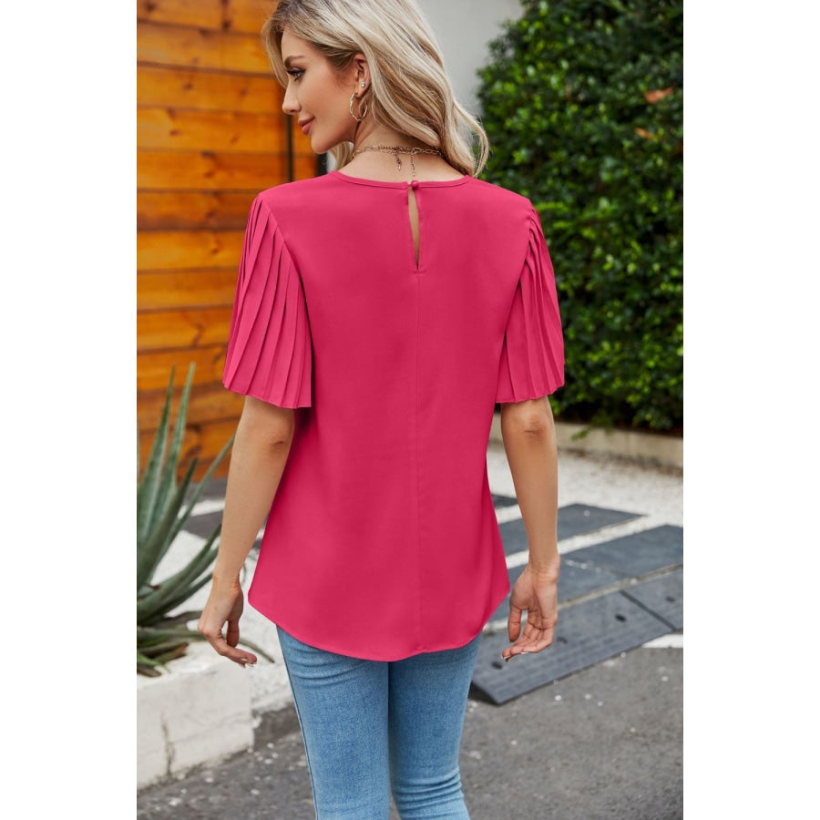 Pleated Flutter Sleeve Round Neck Blouse