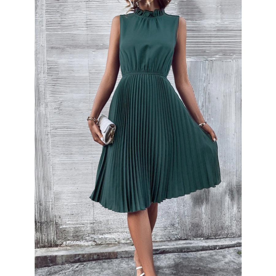 Pleated Frill Mock Neck Sleeveless Dress Apparel and Accessories