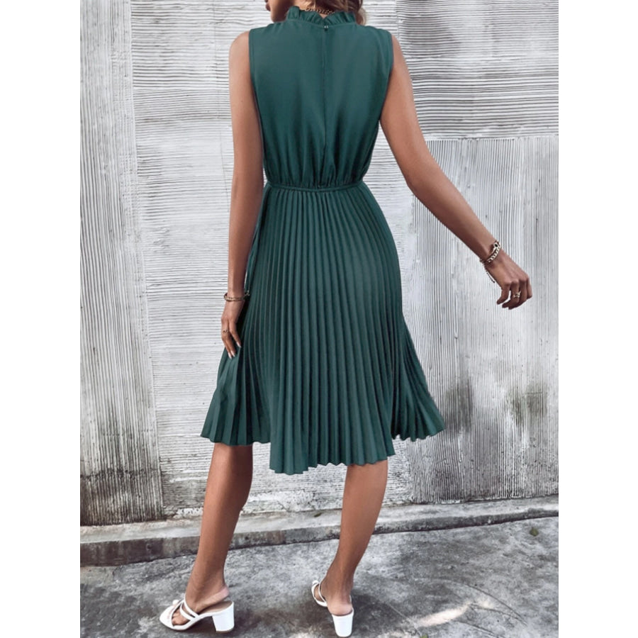 Pleated Frill Mock Neck Sleeveless Dress Deep Teal / S Apparel and Accessories