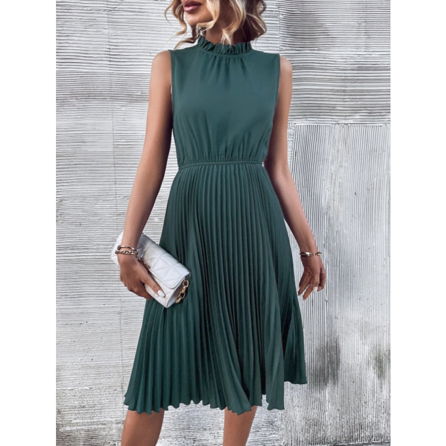 Pleated Frill Mock Neck Sleeveless Dress Deep Teal / S Apparel and Accessories