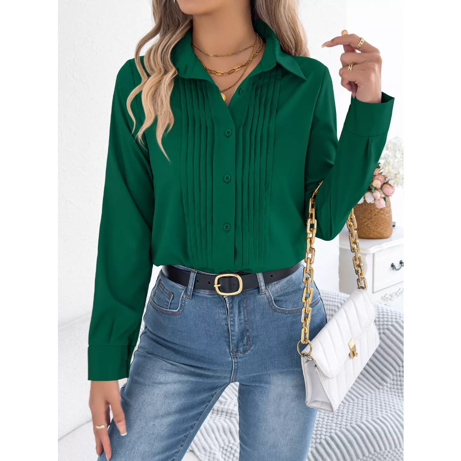 Pleated Front Long Sleeve Shirt Green / S Apparel and Accessories