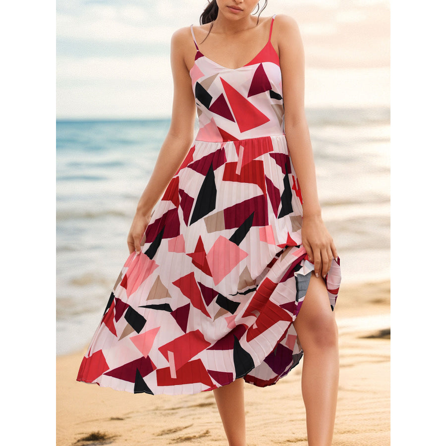 Pleated Geometric Spaghetti Strap Dress Multicolor / S Apparel and Accessories