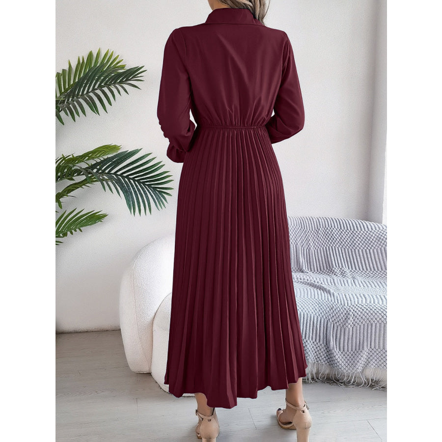 Pleated Half Button Long Sleeve Midi Dress Apparel and Accessories