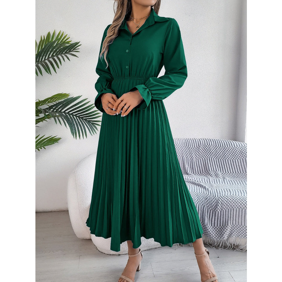 Pleated Half Button Long Sleeve Midi Dress Apparel and Accessories