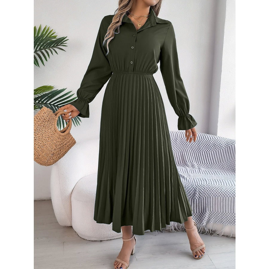 Pleated Half Button Long Sleeve Midi Dress Apparel and Accessories