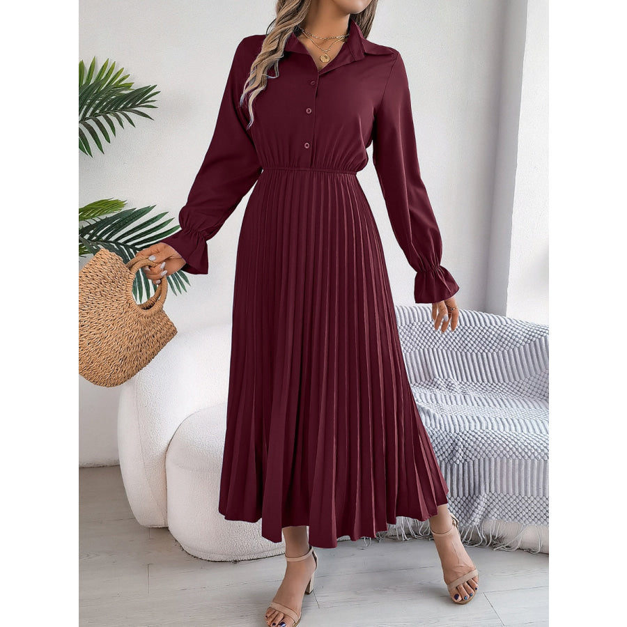 Pleated Half Button Long Sleeve Midi Dress Apparel and Accessories