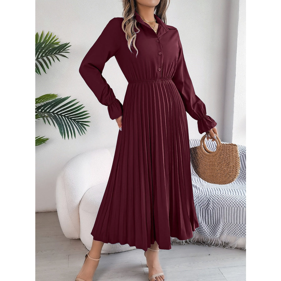 Pleated Half Button Long Sleeve Midi Dress Apparel and Accessories