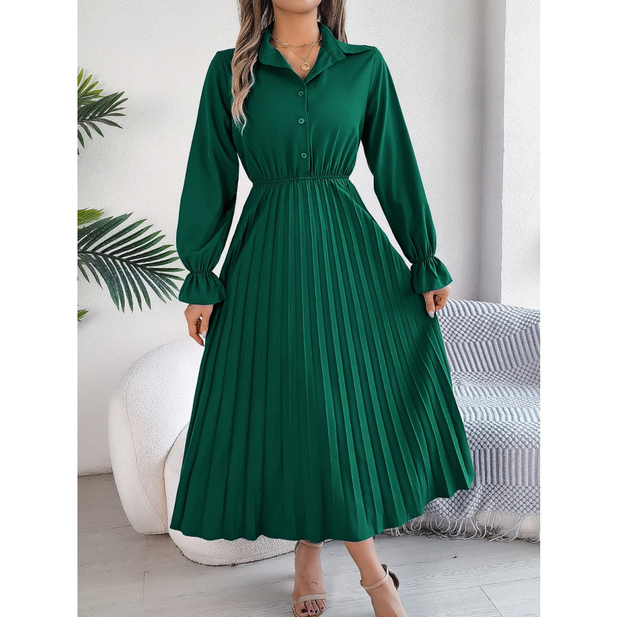 Pleated Half Button Long Sleeve Midi Dress Apparel and Accessories