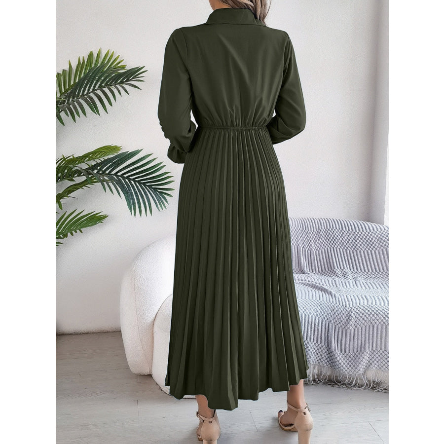 Pleated Half Button Long Sleeve Midi Dress Apparel and Accessories