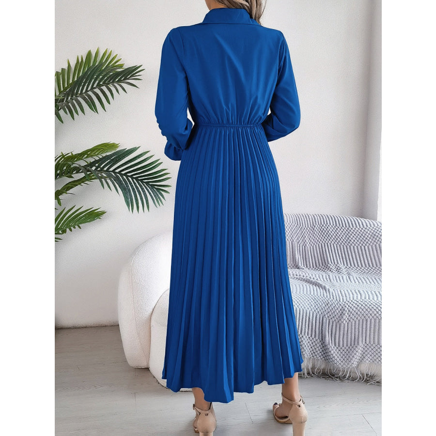 Pleated Half Button Long Sleeve Midi Dress Apparel and Accessories