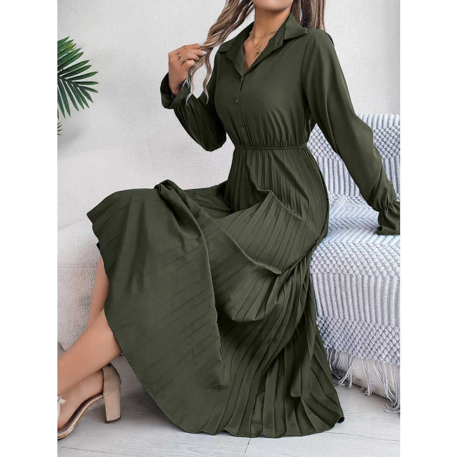 Pleated Half Button Long Sleeve Midi Dress Army Green / S Apparel and Accessories