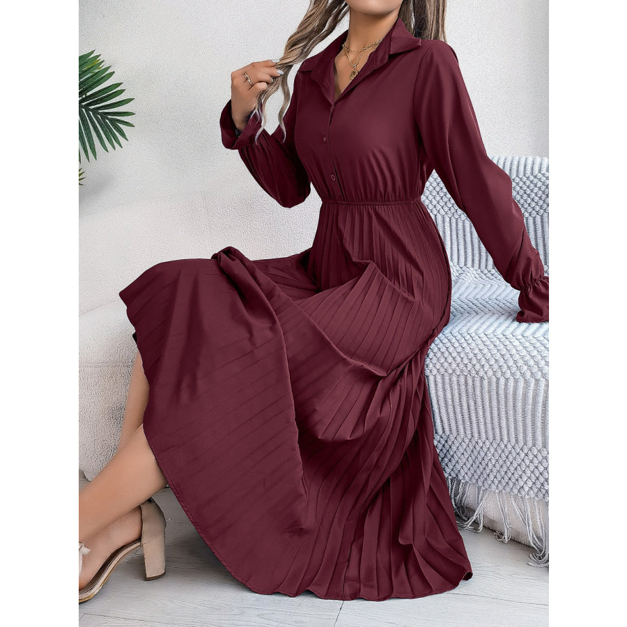 Pleated Half Button Long Sleeve Midi Dress Burgundy / S Apparel and Accessories