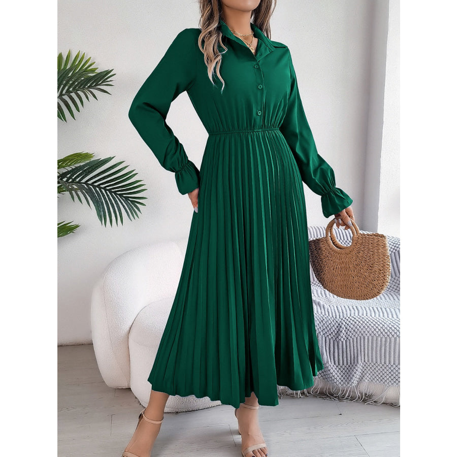 Pleated Half Button Long Sleeve Midi Dress Dark Green / S Apparel and Accessories