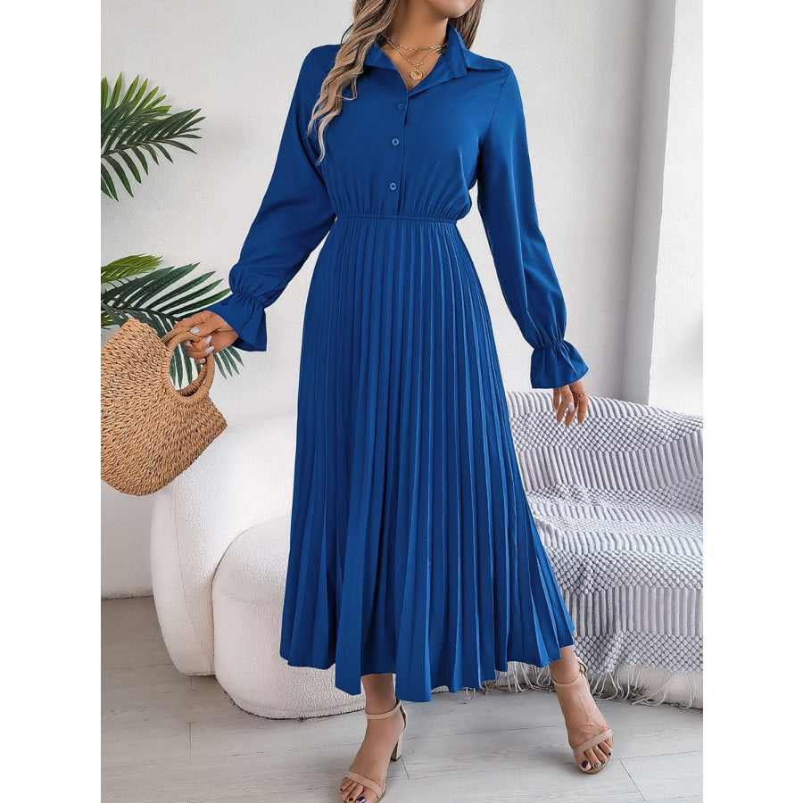 Pleated Half Button Long Sleeve Midi Dress Royal Blue / S Apparel and Accessories