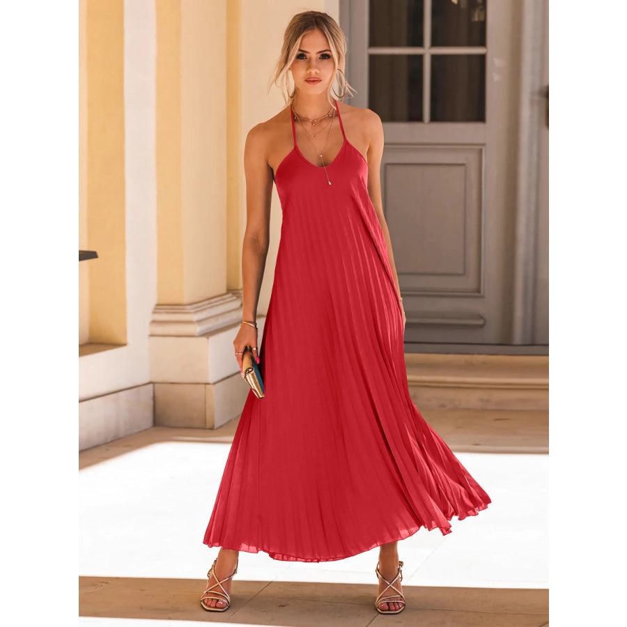 Pleated Halter Neck Sleeveless Dress Apparel and Accessories