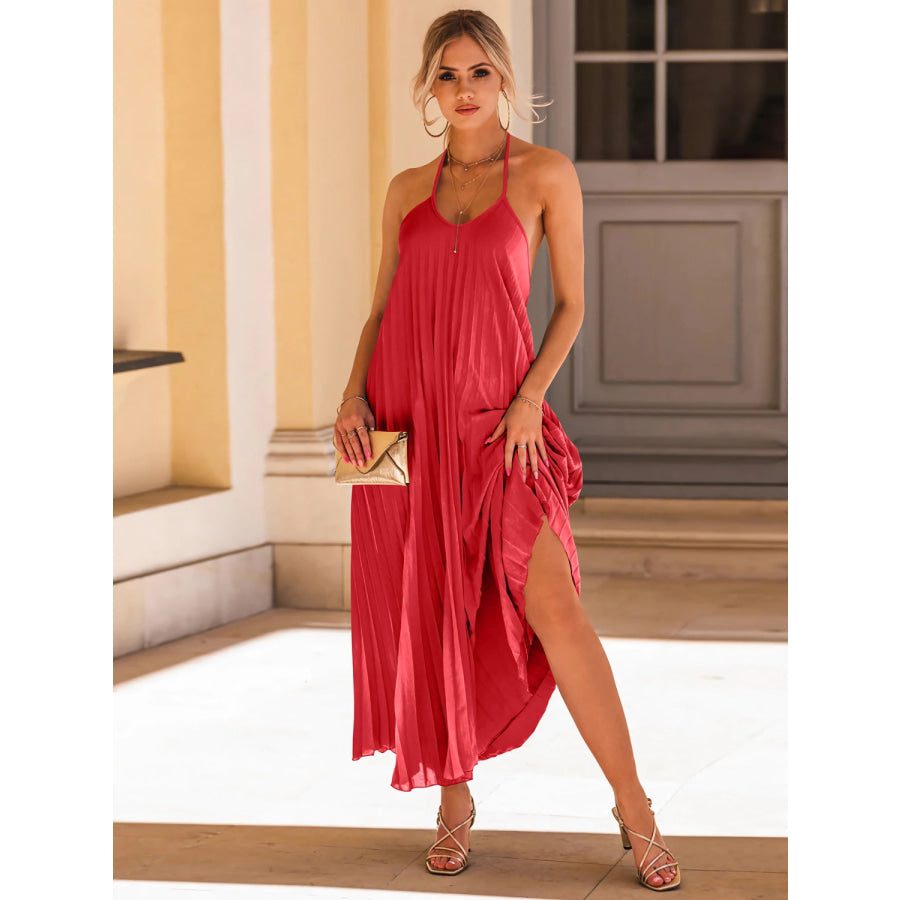 Pleated Halter Neck Sleeveless Dress Deep Red / S Apparel and Accessories