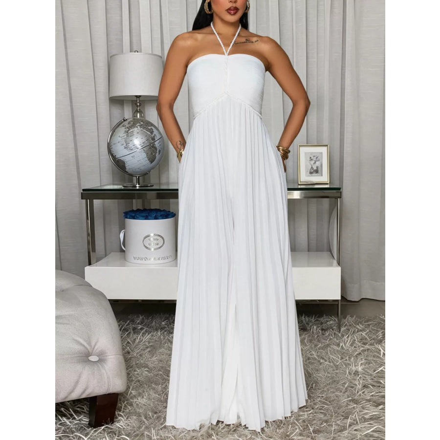 Pleated Halter Neck Wide Leg Jumpsuit Apparel and Accessories